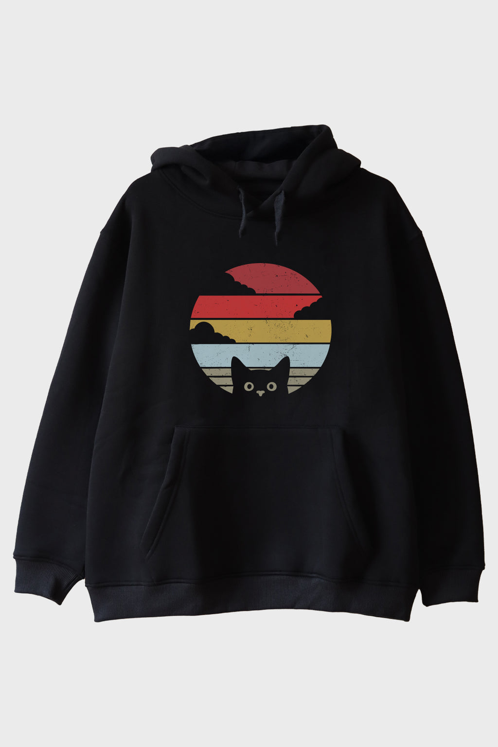 Retro Kedi Baskılı Modern Siyah Hoodie