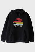 Retro Kedi Baskılı Modern Siyah Hoodie