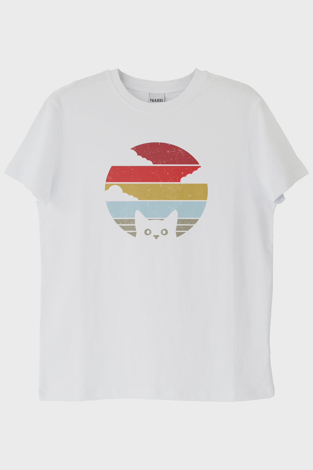 Retro Kedi Baskılı Modern Beyaz Tişört Beyaz