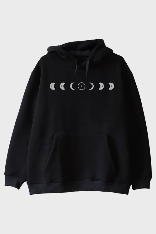ECLIPSE Ay Evreleri Tasarımı Siyah Siyah Hoodie