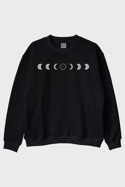 ECLIPSE Ay Evreleri Tasarımı Siyah Siyah Bisiklet Yaka Sweatshirt