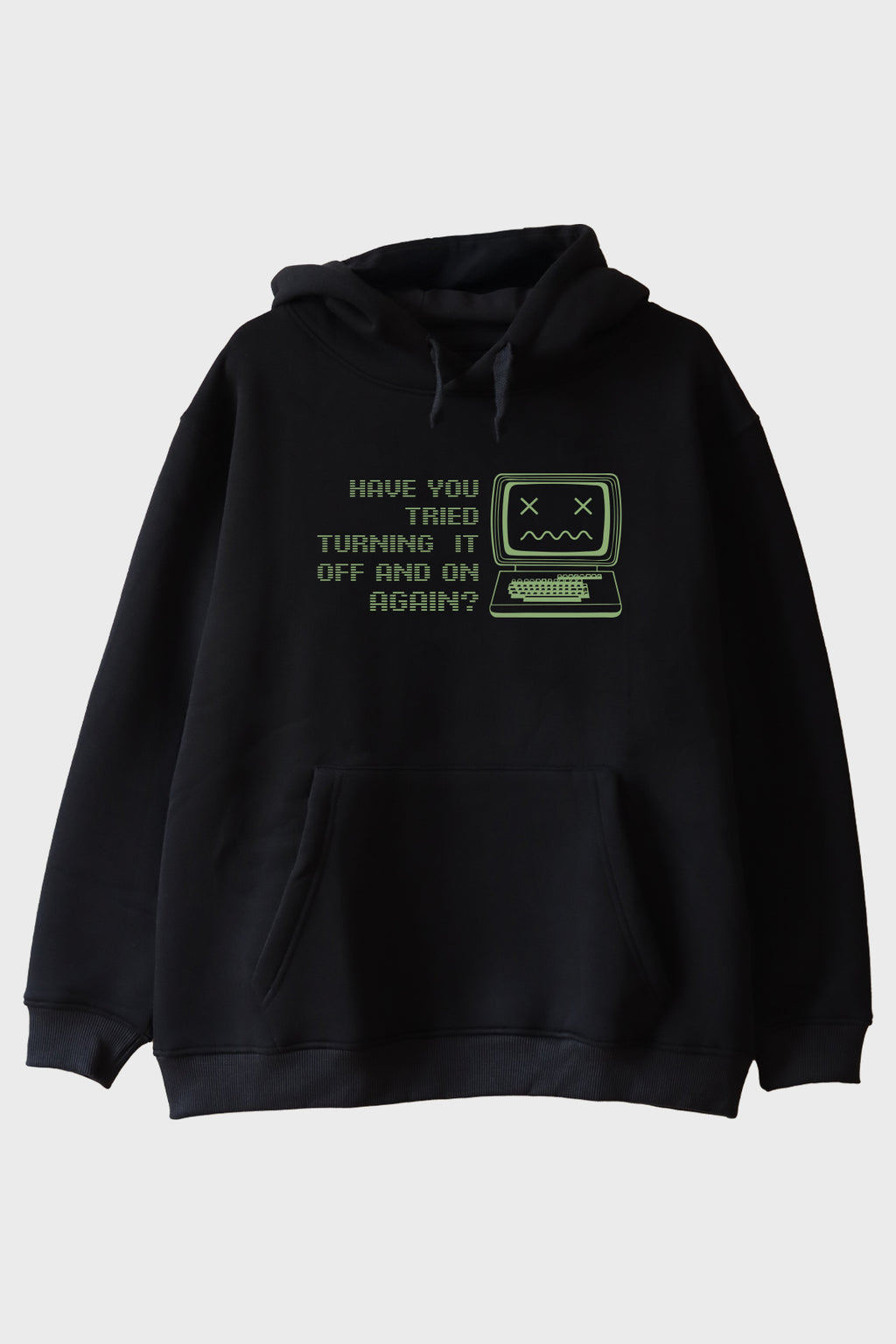 Turning It Off and On Again Baskılı Retro Siyah Hoodie